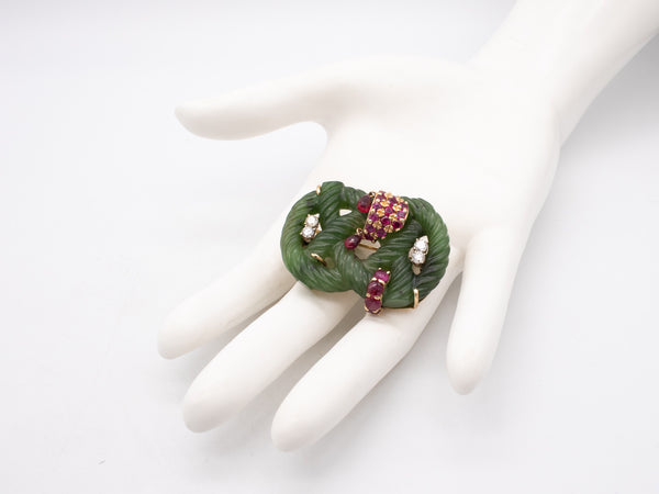 Seaman Schepps 1950 Brooch In 14Kt With Nephrite And 4.20 Ctw In Diamonds And Rubies