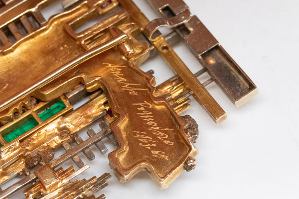ARNALDO POMODORO 1963 Milan Geometric Sculptural Necklace In 18Kt Gold With Gemstones