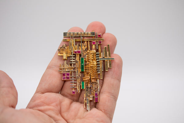 ARNALDO POMODORO 1963 Milan Geometric Sculptural Necklace In 18Kt Gold With Gemstones