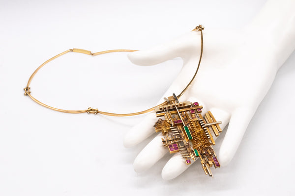 ARNALDO POMODORO 1963 Milan Geometric Sculptural Necklace In 18Kt Gold With Gemstones