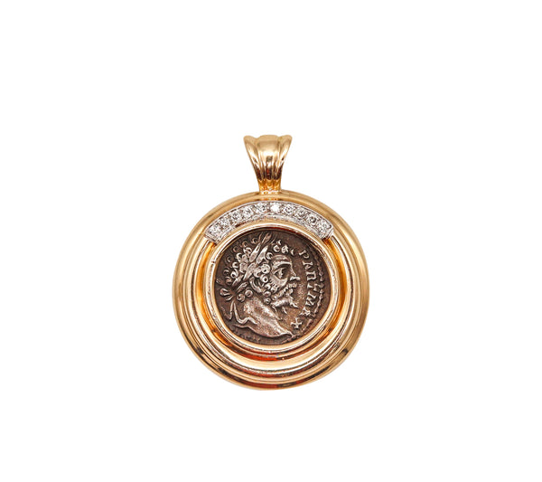 Ancient Roman 193-211 AD Denarius Coin Pendant In 18Kt Yellow Gold With Diamonds