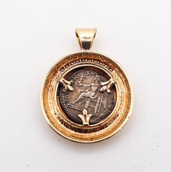 Ancient Roman 193-211 AD Denarius Coin Pendant In 18Kt Yellow Gold With Diamonds