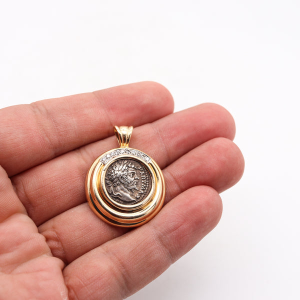Ancient Roman 193-211 AD Denarius Coin Pendant In 18Kt Yellow Gold With Diamonds