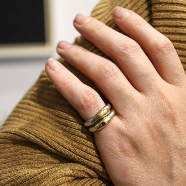 -Lalaounis 1970 Greece Band Ring In 18Kt Yellow Gold & Sterling With Sapphire