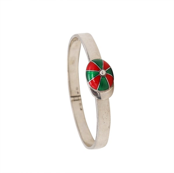 Gucci Milan 1970 Rare Equestrian Jockey Hat Cuff In .925 Sterling Silver With Red And Green Enamel