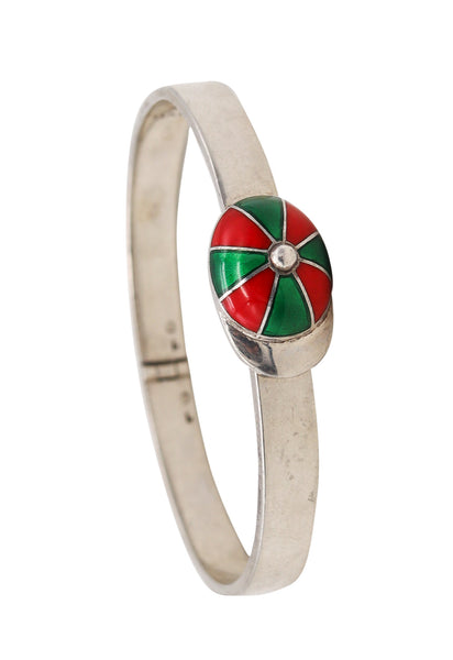Gucci Milan 1970 Rare Equestrian Jockey Hat Cuff In .925 Sterling Silver With Red And Green Enamel