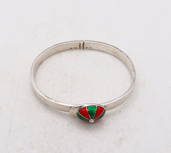Gucci Milan 1970 Rare Equestrian Jockey Hat Cuff In .925 Sterling Silver With Red And Green Enamel