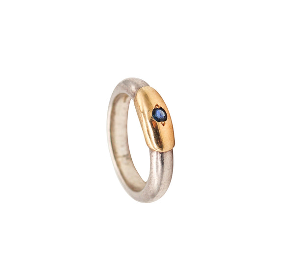 -Lalaounis 1970 Greece Band Ring In 18Kt Yellow Gold & Sterling With Sapphire