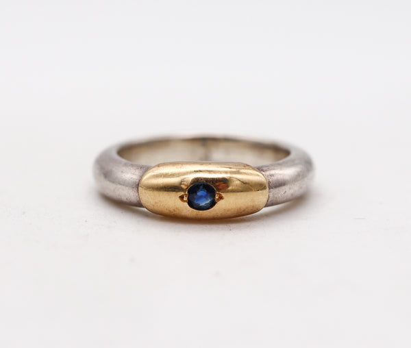 -Lalaounis 1970 Greece Band Ring In 18Kt Yellow Gold & Sterling With Sapphire