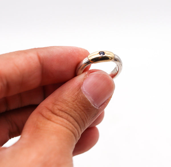 -Lalaounis 1970 Greece Band Ring In 18Kt Yellow Gold & Sterling With Sapphire