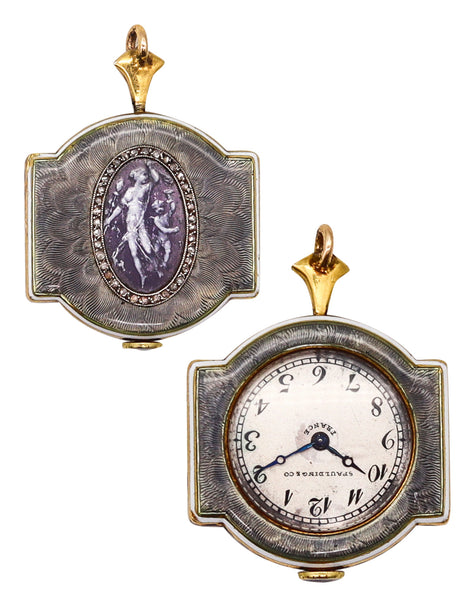 VERGER FRERES 1901 For Spaulding & Co Edwardian Watch-Pendant In Guilloche 18Kt Gold Platinum And Diamonds