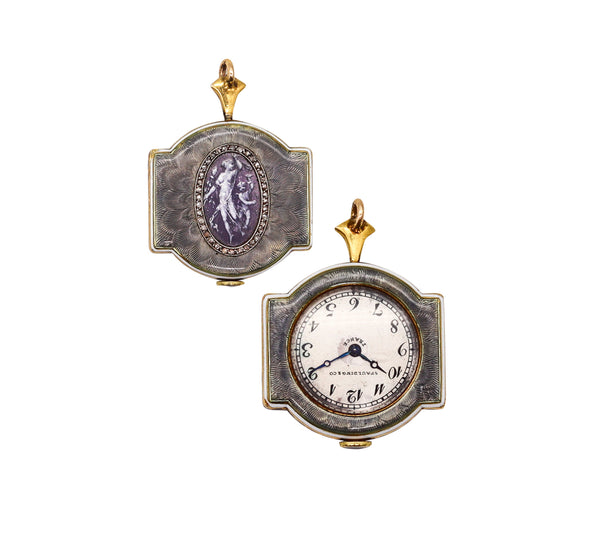 VERGER FRERES 1901 For Spaulding & Co Edwardian Watch-Pendant In Guilloche 18Kt Gold Platinum And Diamonds