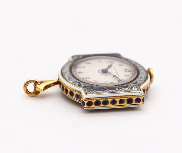 VERGER FRERES 1901 For Spaulding & Co Edwardian Watch-Pendant In Guilloche 18Kt Gold Platinum And Diamonds