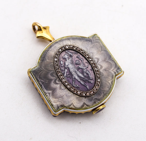 VERGER FRERES 1901 For Spaulding & Co Edwardian Watch-Pendant In Guilloche 18Kt Gold Platinum And Diamonds