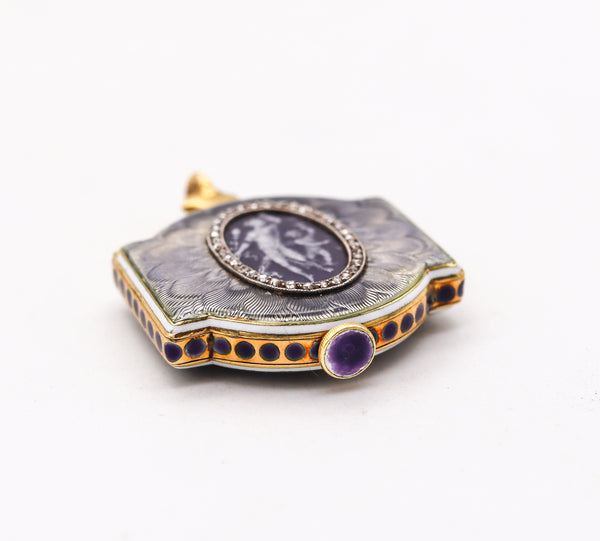 VERGER FRERES 1901 For Spaulding & Co Edwardian Watch-Pendant In Guilloche 18Kt Gold Platinum And Diamonds