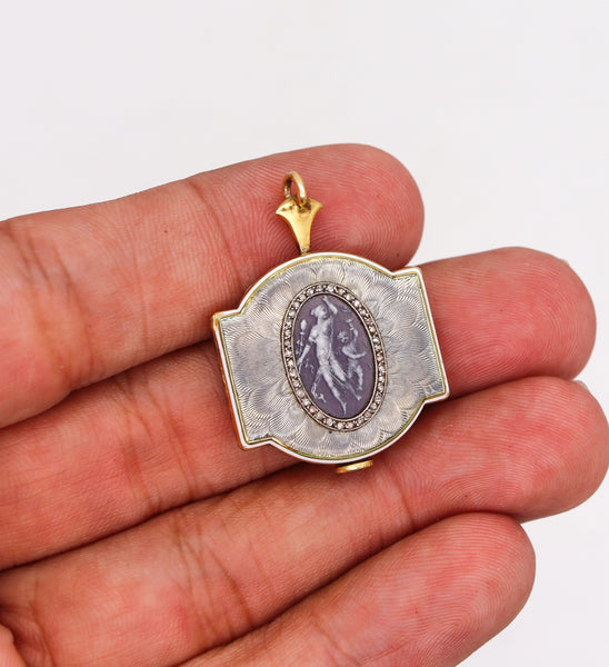 VERGER FRERES 1901 For Spaulding & Co Edwardian Watch-Pendant In Guilloche 18Kt Gold Platinum And Diamonds