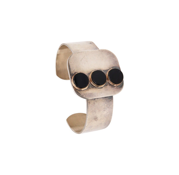 -Pierre Cardin 1970 Paris Geometric Onyx Dots Cuff Bracelet In 14Kt Yellow Gold And Sterling