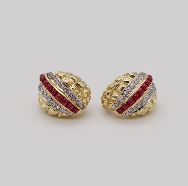 Modern 1970 Gem Set Clips Earrings In 18Kt Yellow Gold With 3.42 Cts In Rubies And Diamonds