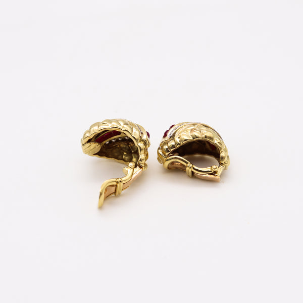 Modern 1970 Gem Set Clips Earrings In 18Kt Yellow Gold With 3.42 Cts In Rubies And Diamonds