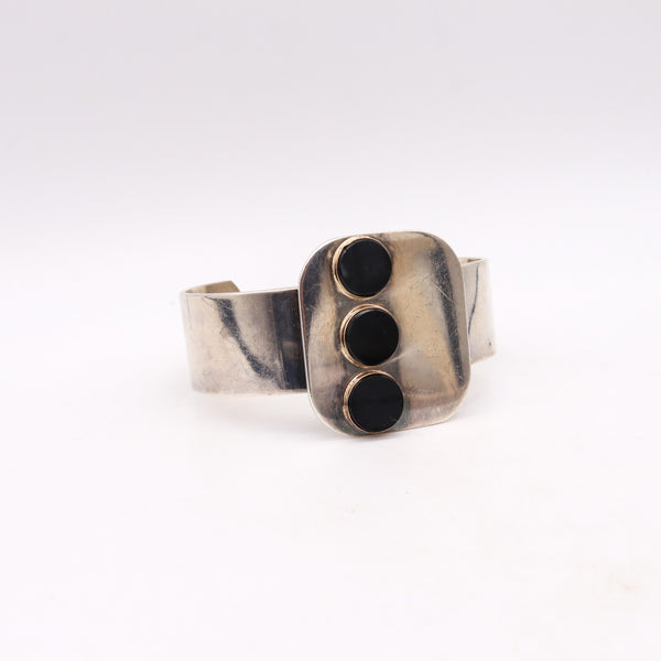 -Pierre Cardin 1970 Paris Geometric Onyx Dots Cuff Bracelet In 14Kt Yellow Gold And Sterling