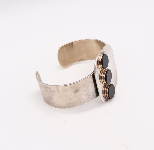 -Pierre Cardin 1970 Paris Geometric Onyx Dots Cuff Bracelet In 14Kt Yellow Gold And Sterling