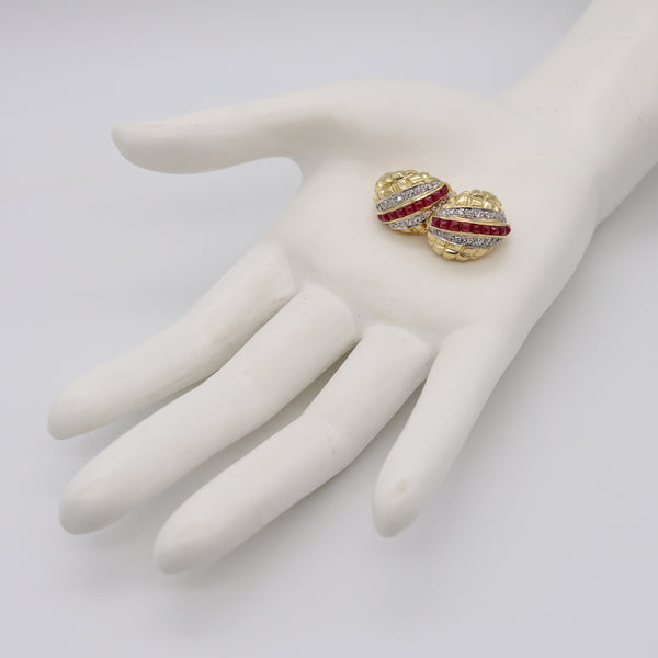 Modern 1970 Gem Set Clips Earrings In 18Kt Yellow Gold With 3.42 Cts In Rubies And Diamonds