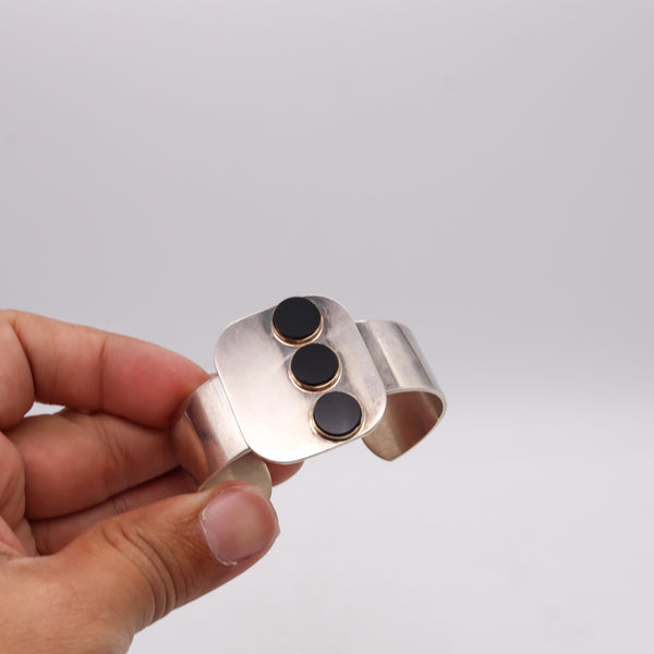 -Pierre Cardin 1970 Paris Geometric Onyx Dots Cuff Bracelet In 14Kt Yellow Gold And Sterling