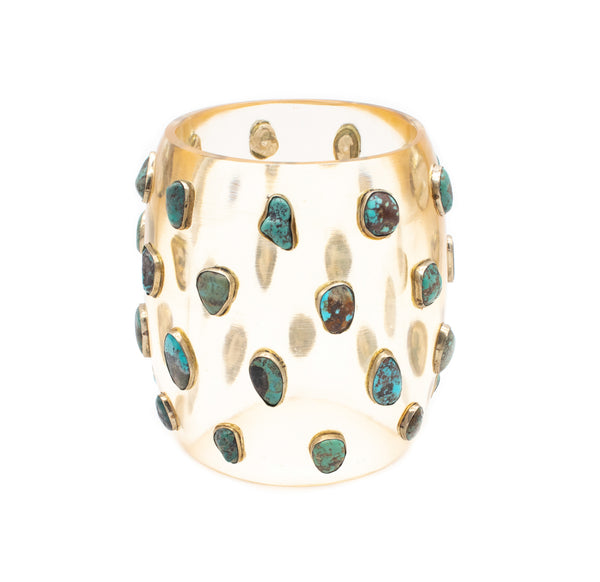 MODERNIST 1970 Cuff-Bracelet In Clear Lucite, 925 Sterling & Natural Turquoises