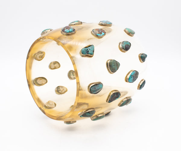 MODERNIST 1970 Cuff-Bracelet In Clear Lucite, 925 Sterling & Natural Turquoises