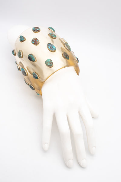 MODERNIST 1970 Cuff-Bracelet In Clear Lucite, 925 Sterling & Natural Turquoises