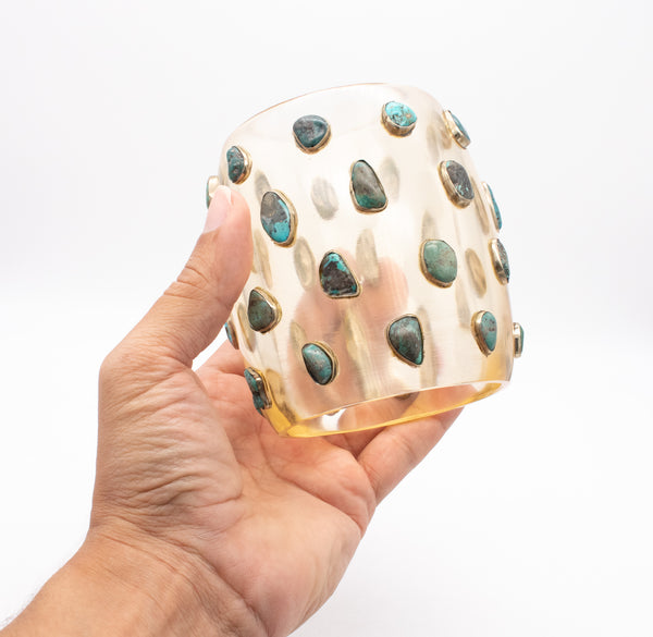 MODERNIST 1970 Cuff-Bracelet In Clear Lucite, 925 Sterling & Natural Turquoises