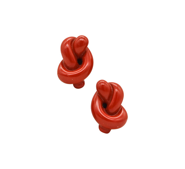 -Tiffany Co. 1978 By Angela Cummings Red Jasper Knots Earrings in 18Kt Yellow Gold