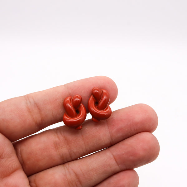 -Tiffany Co. 1978 By Angela Cummings Red Jasper Knots Earrings in 18Kt Yellow Gold