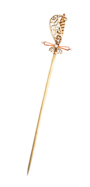 Austrian German 1900 Sword Pin Jabot In 18Kt Yellow Gold With Enamel, Diamond And Pearls