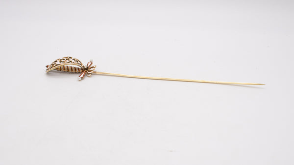 Austrian German 1900 Sword Pin Jabot In 18Kt Yellow Gold With Enamel, Diamond And Pearls