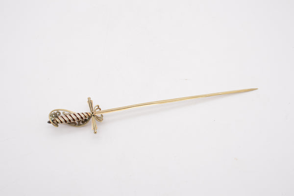 Austrian German 1900 Sword Pin Jabot In 18Kt Yellow Gold With Enamel, Diamond And Pearls