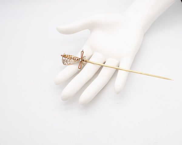 Austrian German 1900 Sword Pin Jabot In 18Kt Yellow Gold With Enamel, Diamond And Pearls
