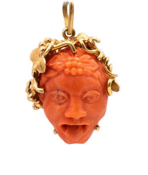 Spritzer And Fuhrmann 18Kt Gold Pendant With Bacchus Head Carved In Coral