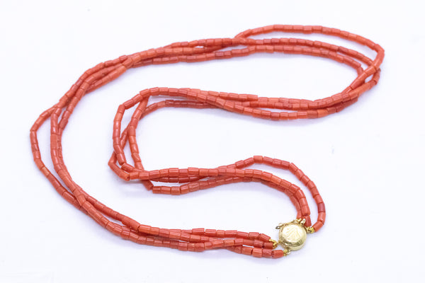 ANTIQUE ITALIAN RED CORAL 3 STRAND 18 KT NECKLACE