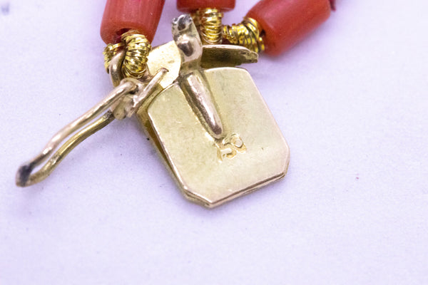 ANTIQUE ITALIAN RED CORAL 3 STRAND 18 KT NECKLACE