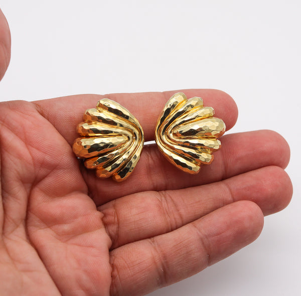 Henry Dunay New York Faceted Hammered Clips On Earrings In Textured 18Kt Yellow Gold