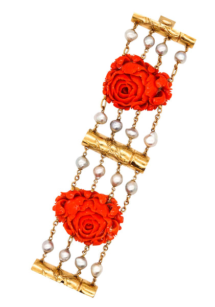 Seaman Schepps 1970 New York Rare Bracelet In 18Kt Gold With Red Coral And Pearls