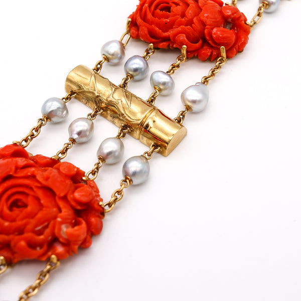 Seaman Schepps 1970 New York Rare Bracelet In 18Kt Gold With Red Coral And Pearls