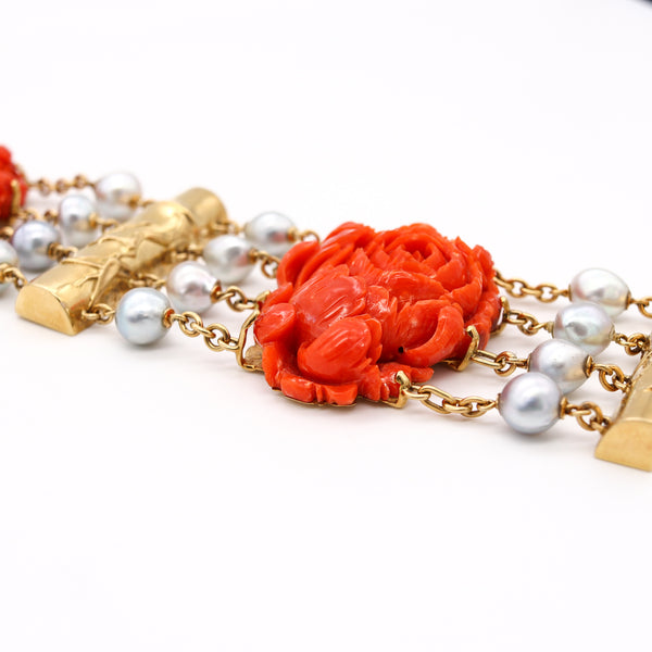 Seaman Schepps 1970 New York Rare Bracelet In 18Kt Gold With Red Coral And Pearls