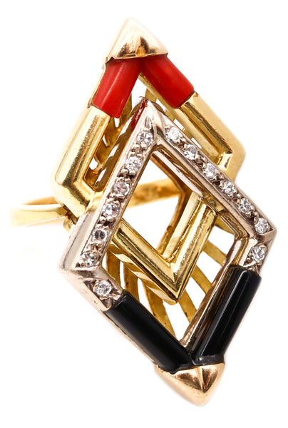 BOUCHERON 1960 PARIS 18 KT GEOMETRIC COCKTAIL RING WITH DIAMONDS CORAL & ONYX