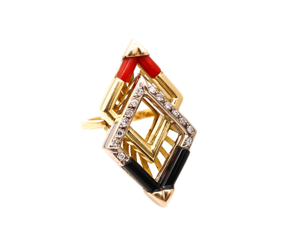 BOUCHERON 1960 PARIS 18 KT GEOMETRIC COCKTAIL RING WITH DIAMONDS CORAL & ONYX