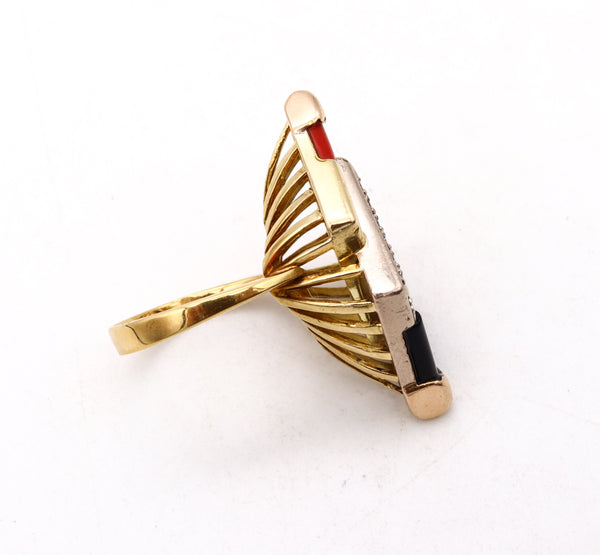 BOUCHERON 1960 PARIS 18 KT GEOMETRIC COCKTAIL RING WITH DIAMONDS CORAL & ONYX