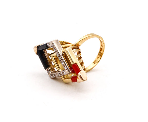 BOUCHERON 1960 PARIS 18 KT GEOMETRIC COCKTAIL RING WITH DIAMONDS CORAL & ONYX