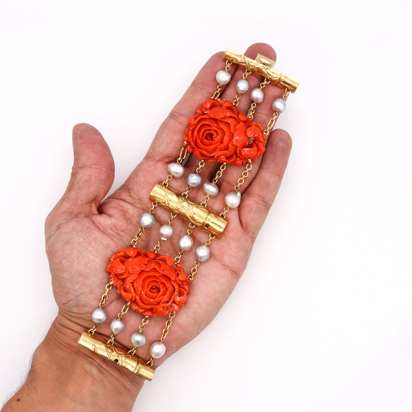 Seaman Schepps 1970 New York Rare Bracelet In 18Kt Gold With Red Coral And Pearls