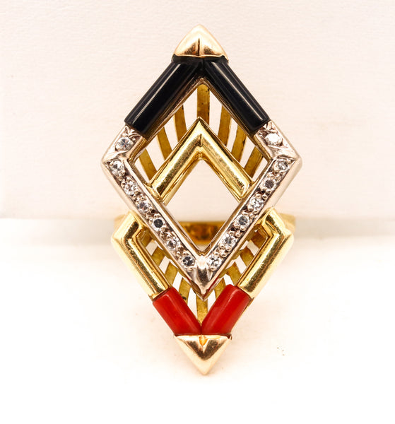 BOUCHERON 1960 PARIS 18 KT GEOMETRIC COCKTAIL RING WITH DIAMONDS CORAL & ONYX